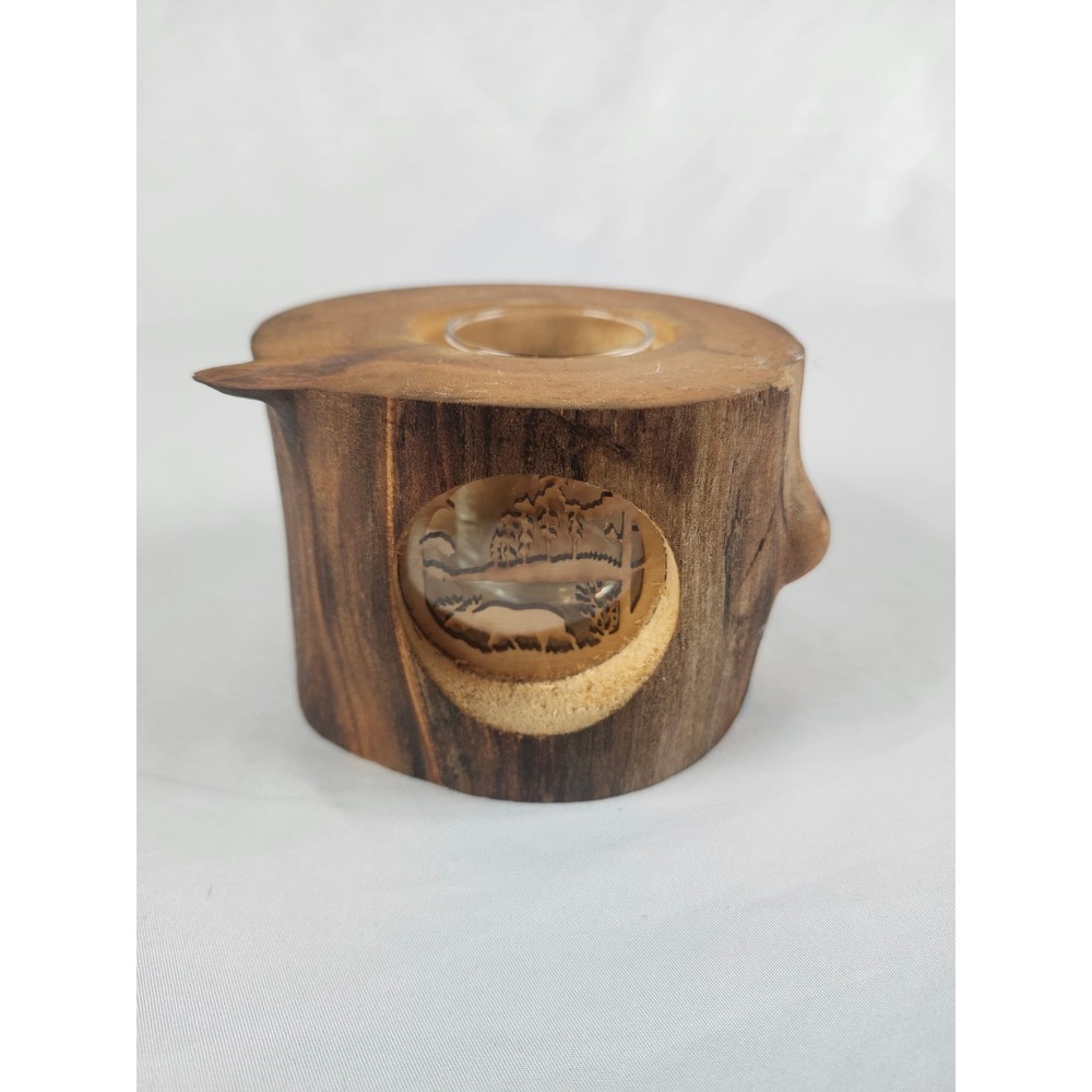 Handcrafted Live Edge Wood Tealight Holder Etched Forest Scene Rustic Decor Gift